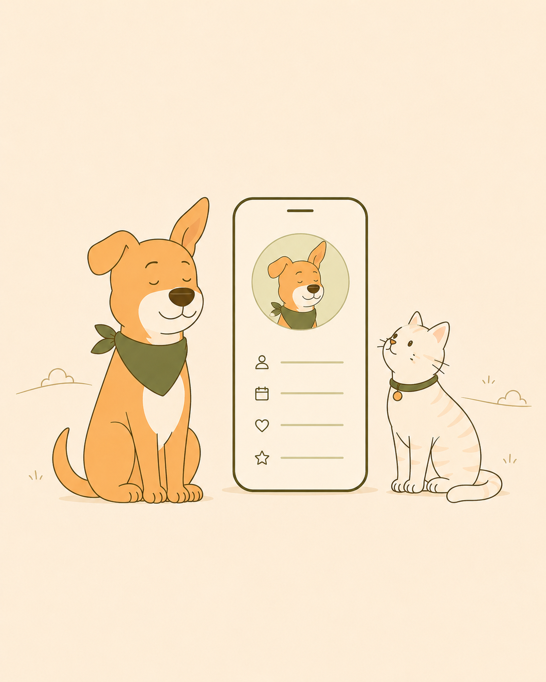 Billy e Libby ao lado de celular com perfil do pet